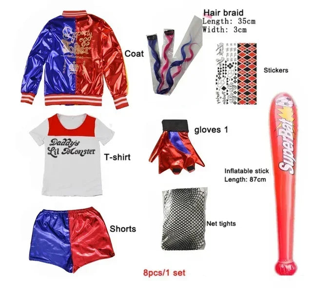 Harley Costumes Cosplay Suicide Quinzel Kids Girls Quinn Squad T Shirt Joker Jacket Halloween Costume