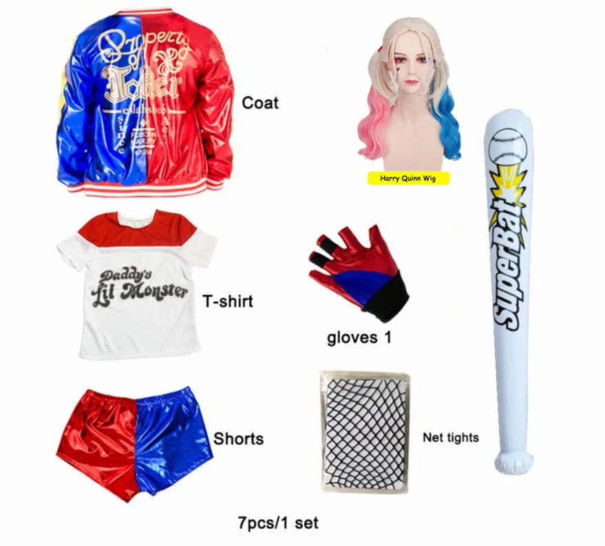 Meisjes Vrouwen Zelfmoord Harley Cosplay Kostuums Squad Quinn Monster Gestikte Jas Broek Sets Halloween Anime Kostuum Korte