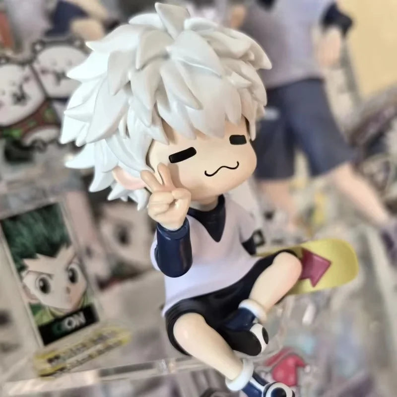 Hunter Hunter Killua Zoldyck Q Version Sitting Figure Cute Peace Sign Pose With Skateboard Base PVC Anime Figurine Desktop Decor