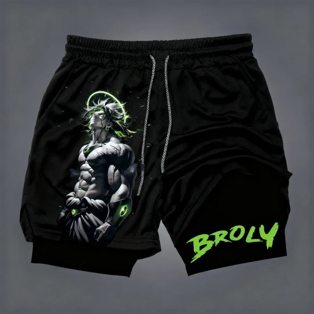 Dragon Ball Men's Double-layer Shorts Broly Summer Anime Fake Two-piece Sports Fitness Quick-drying Shorts Trendy Y2k Pants