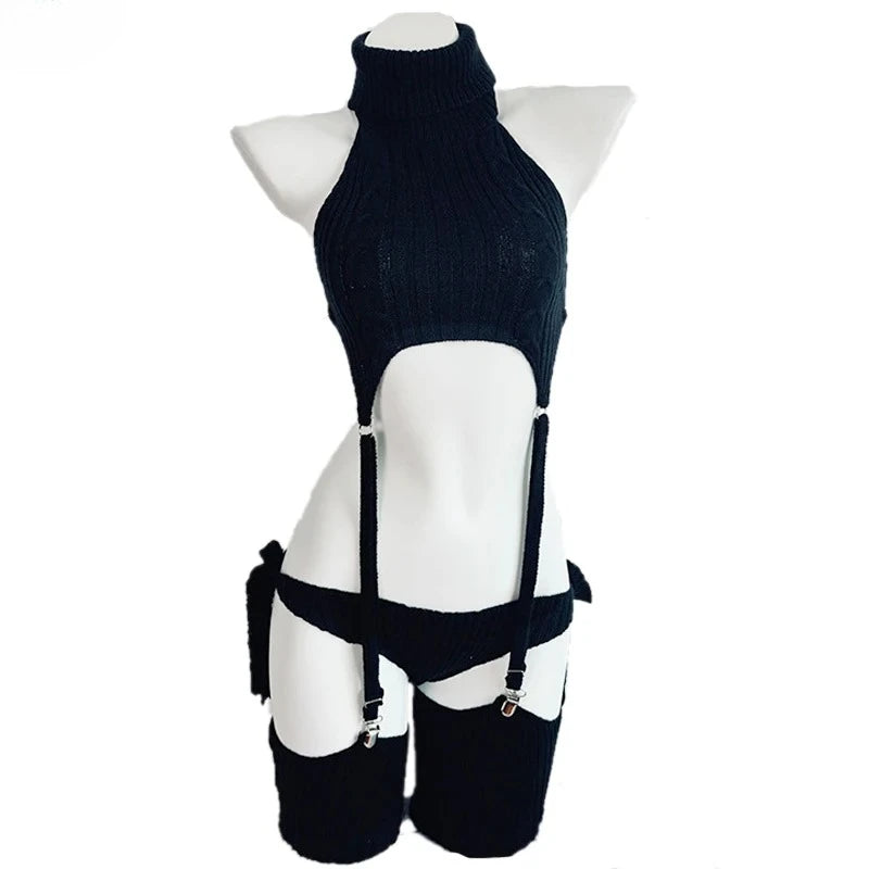 Cosplay Costume Anime Girl Turtleneck Knit Halter Dress Uniform Bodysuit Outfit Sweater Cat Backless Gray Black White Garter