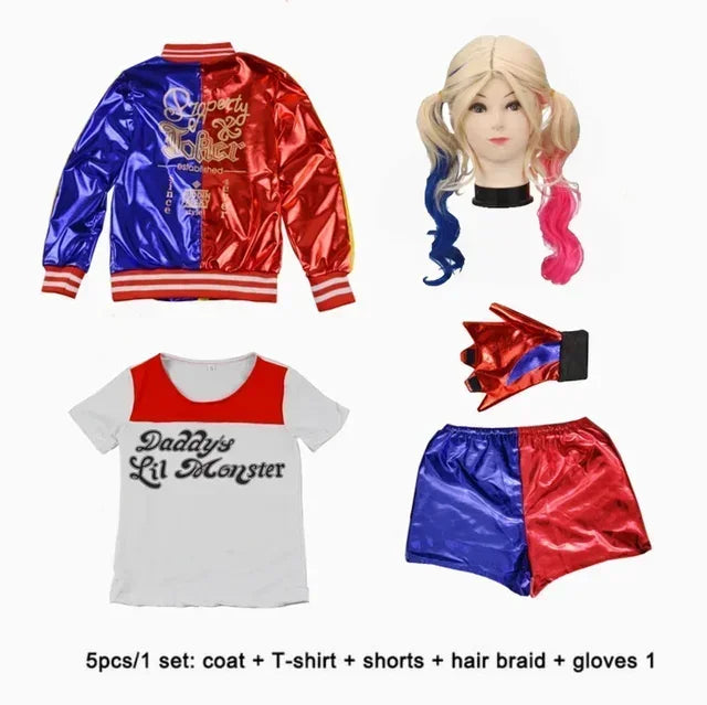 Harley Costumes Cosplay Suicide Quinzel Kids Girls Quinn Squad T Shirt Joker Jacket Halloween Costume