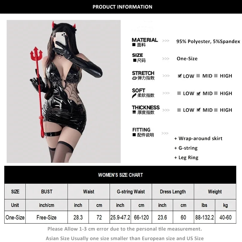 Halloween Costumes Seductive Witch Spider Women Sexy Cosplay Lingerie PU Faux Leather Bodycon Dress Tight Hip Stocking Outfit