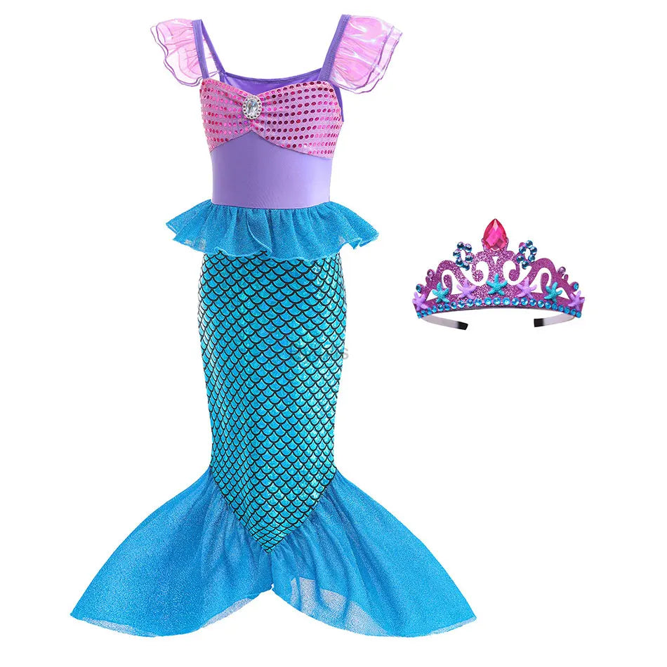 Little Mermaid Ariel Costume Princess Dress for Girls Short Sleeve Tulle Cosplay Halloween Carnival Birthday Party Clothes