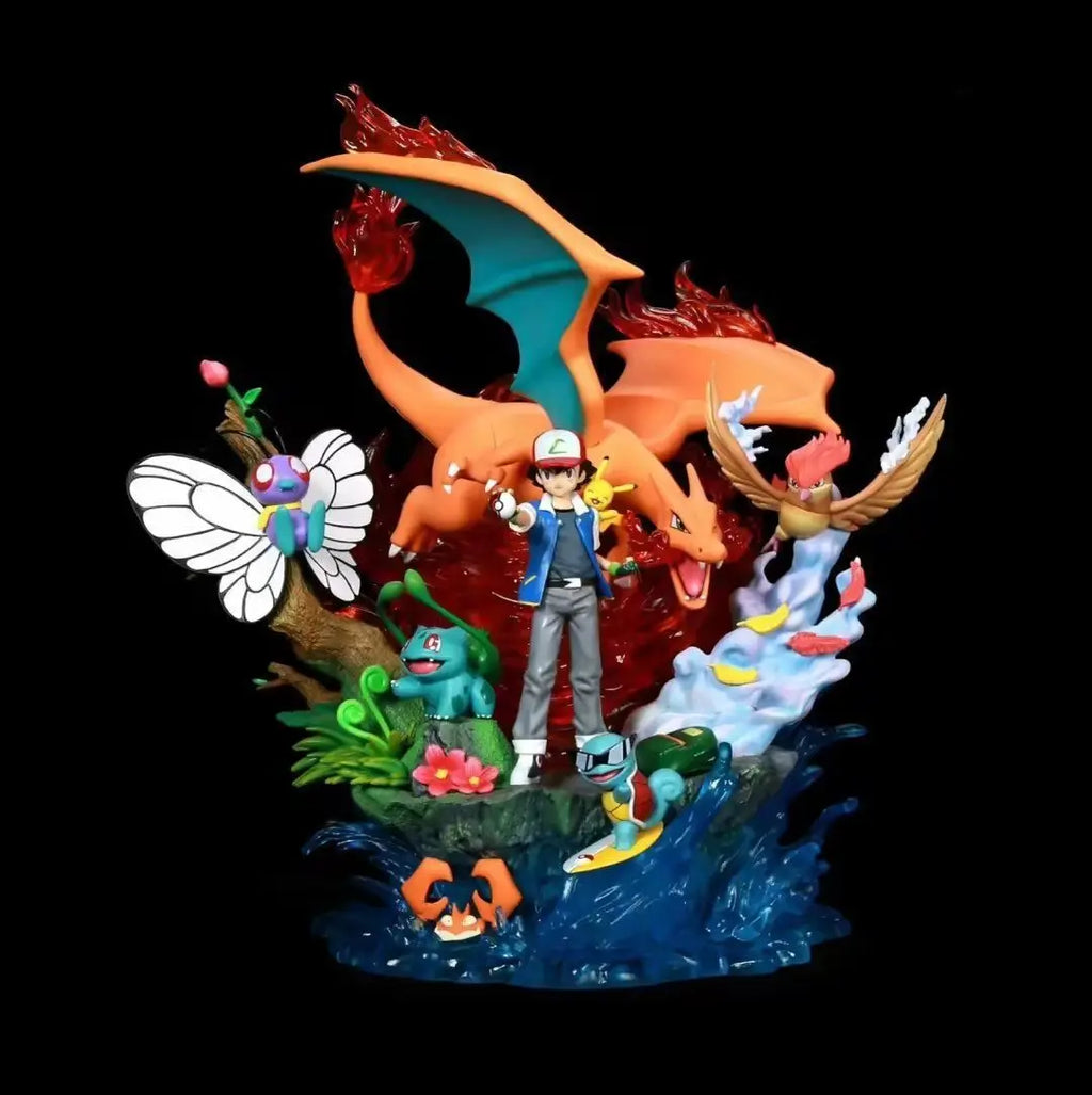 PokéMon Ash Ketchum Family Light Up Gk Anime Figure Charizard Squirtle Bulbasaur Collectible Model For Adult Collectors