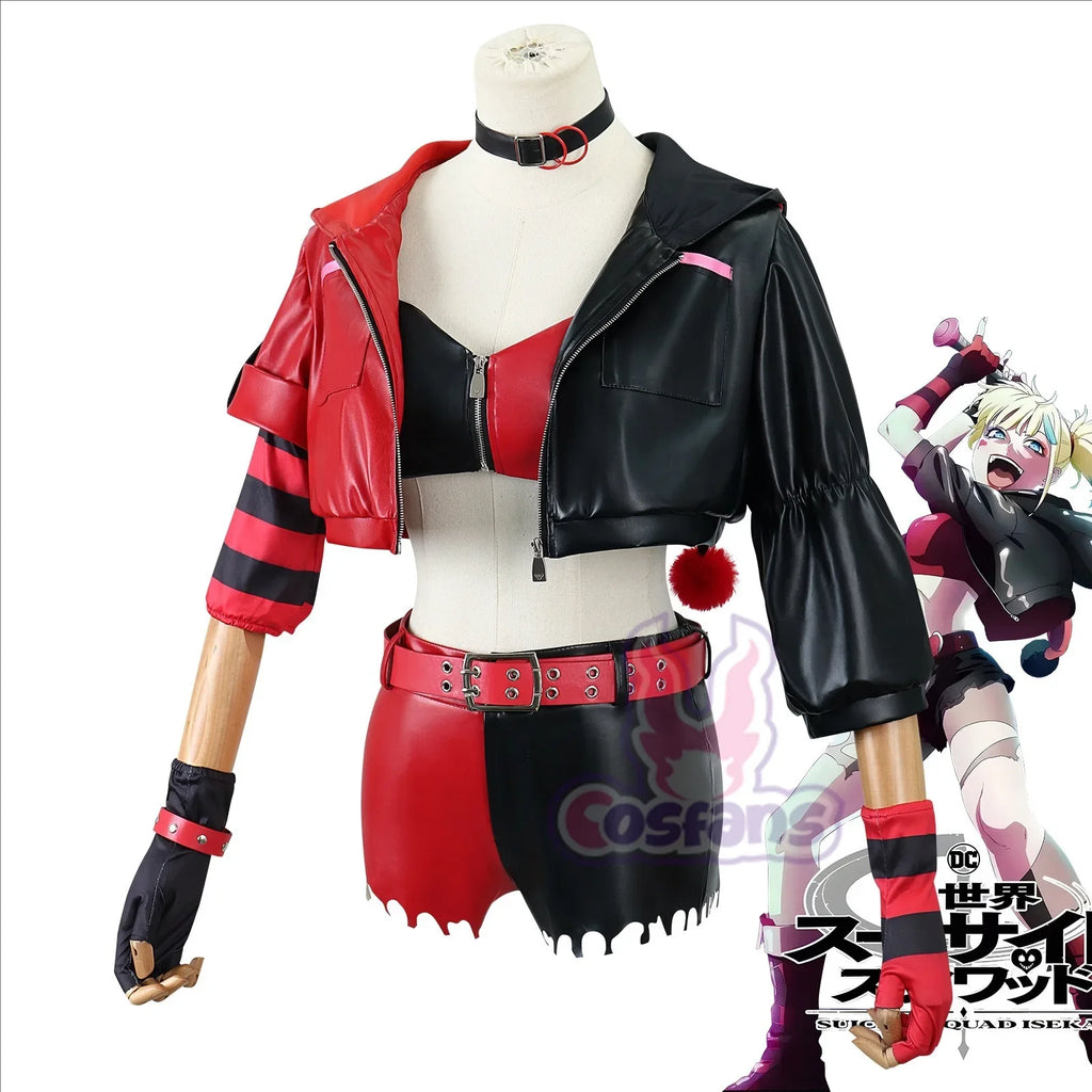 Suicide Anime Quinn Cosplay Costume Wig Faux Leather Jacket With Hats Shorts Bra Choker Gloves Belt Daily Wear Halloween