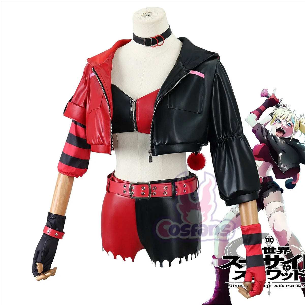 Suicide Anime Quinn Cosplay Costume Wig Faux Leather Jacket With Hats Shorts Bra Choker Gloves Belt Daily Wear Halloween