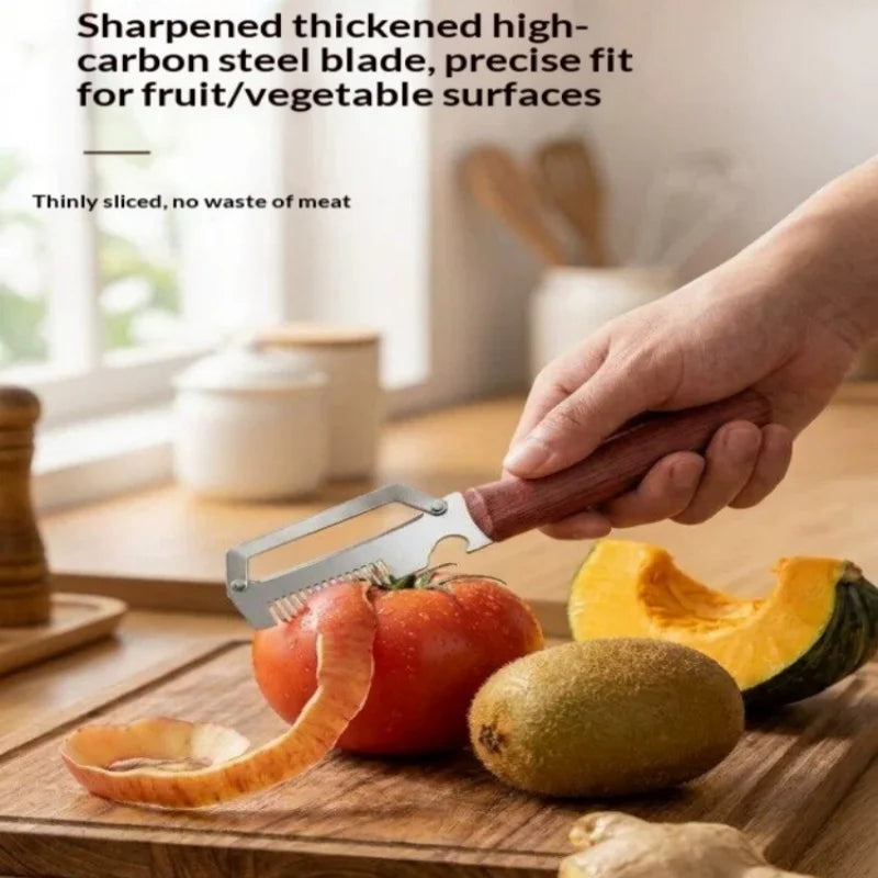 3‑in‑1 Multifunctional Vegetable Peeler Stainless Steel Fruit Slicer Wooden Handle Kitchen Gadget For Potato Onion