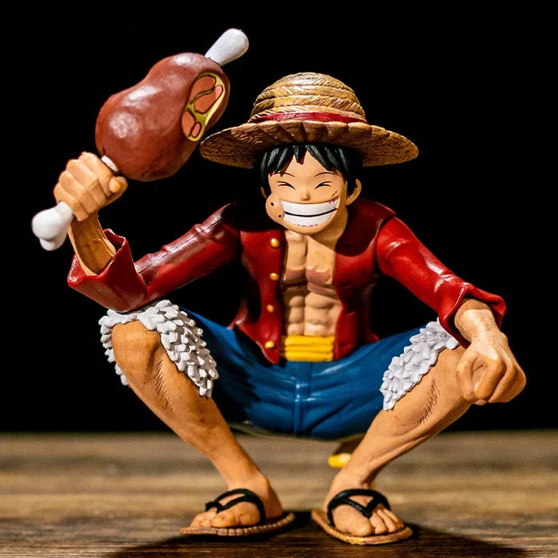 One Piece Straw‑Hat Luffy Collectible Figure, Squat Pose With Meat Bone PVC Statue Model, Desktop Decor, Anime Fan Gift