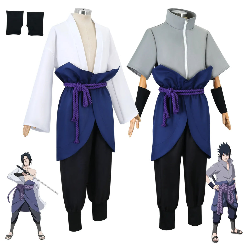 Uchiha Sasuke Cosplay Costume Set - Anime Hokage Shippuden Third Generation Gray Top Suit Wig for Halloween