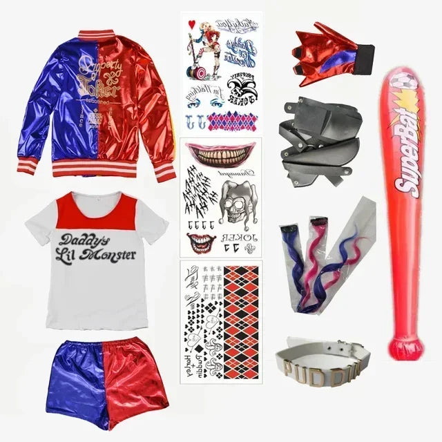 Harley Costumes Cosplay Suicide Quinzel Kids Girls Quinn Squad T Shirt Joker Jacket Halloween Costume