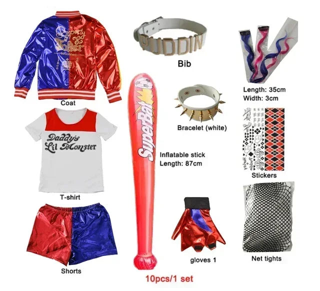 Harley Costumes Cosplay Suicide Quinzel Kids Girls Quinn Squad T Shirt Joker Jacket Halloween Costume