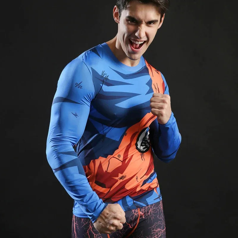 Bandai Dragon Ball Z Goku Battle-damaged Suit Cosplay Costume Anime Adult Kids Long Sleeve Compression Dry Fit T-Shirt Summer