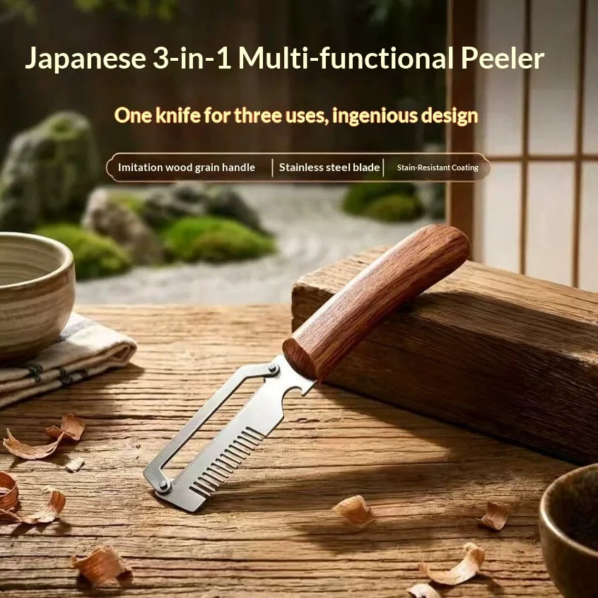 3‑in‑1 Multifunctional Vegetable Peeler Stainless Steel Fruit Slicer Wooden Handle Kitchen Gadget For Potato Onion