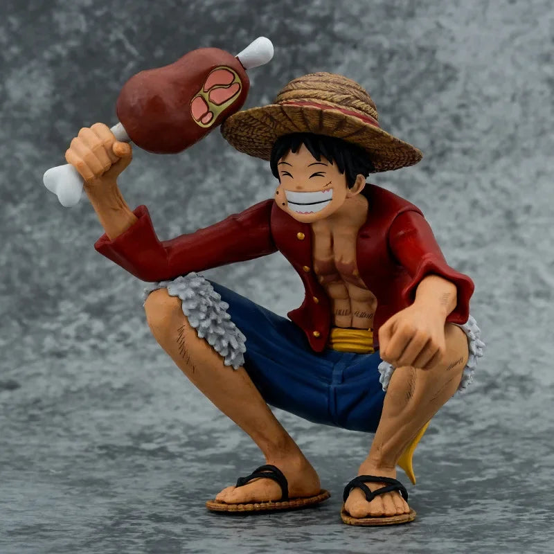 One Piece Straw‑Hat Luffy Collectible Figure, Squat Pose With Meat Bone PVC Statue Model, Desktop Decor, Anime Fan Gift
