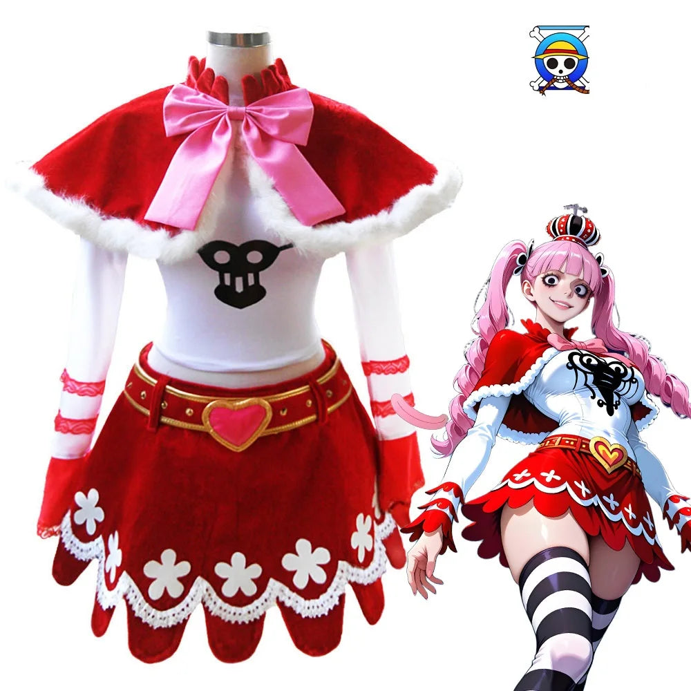 Perona Cosplay Costume-Ghost Princess Red Velvet Skirt&White Top Set with Pink Bow Cape, Perfect for Anime Conventions&Themed