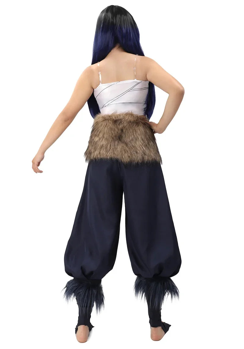 Women's Hashibira Inosuke Cosplay Costume Tops Pants Fake Fur Apron and Fake Fur Leg Accessory for Halloween