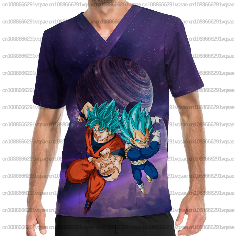 Summer Men's Surgical Gown with Dragon Ball Anime Print, V-Neck Nurse Uniform Top with Pockets, Medical Clothing