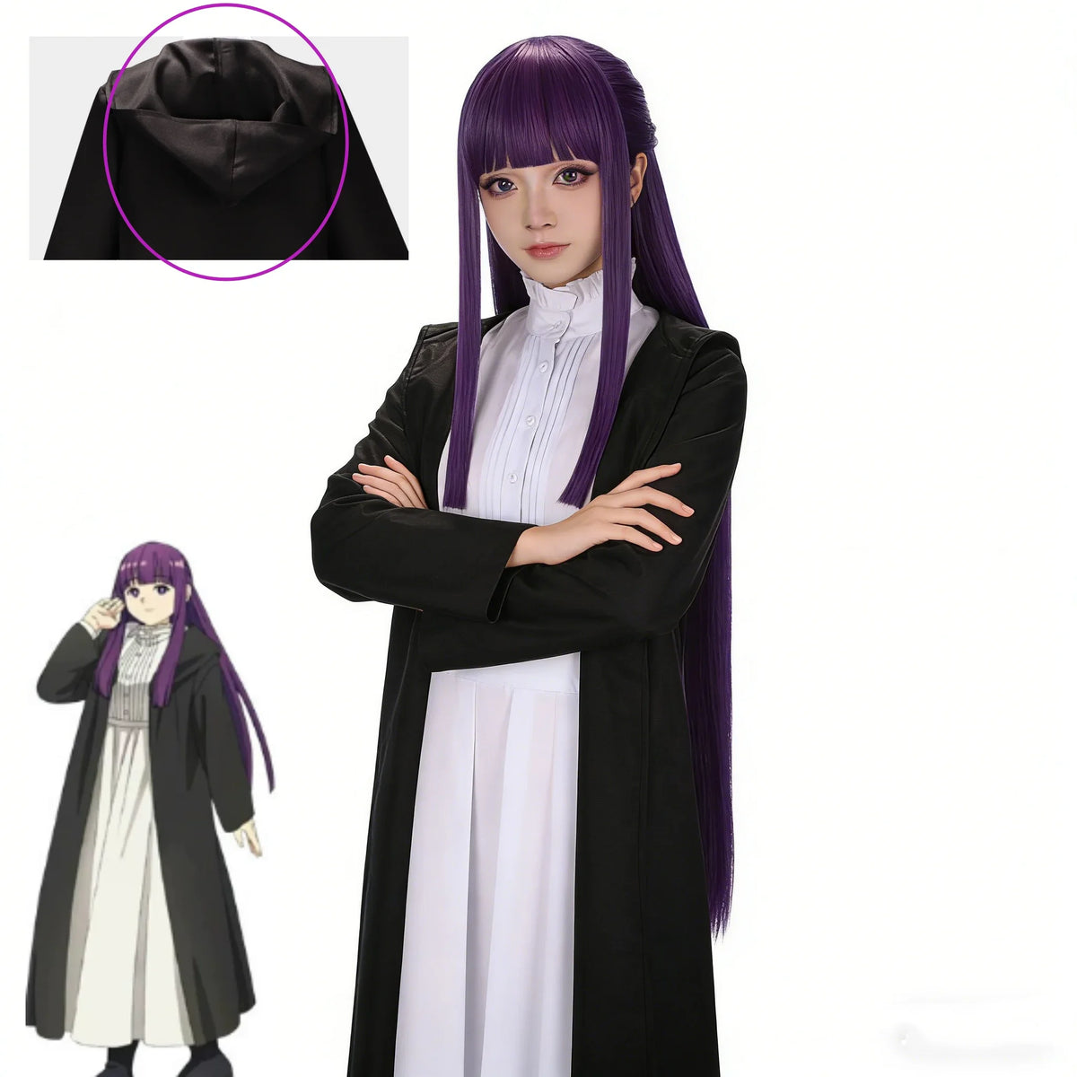 2026 Frieren Fern Cosplay Costume Purple Wig White Long Dress Black Coat Jacket Full Set Uniform Halloween Comic Con Outfits