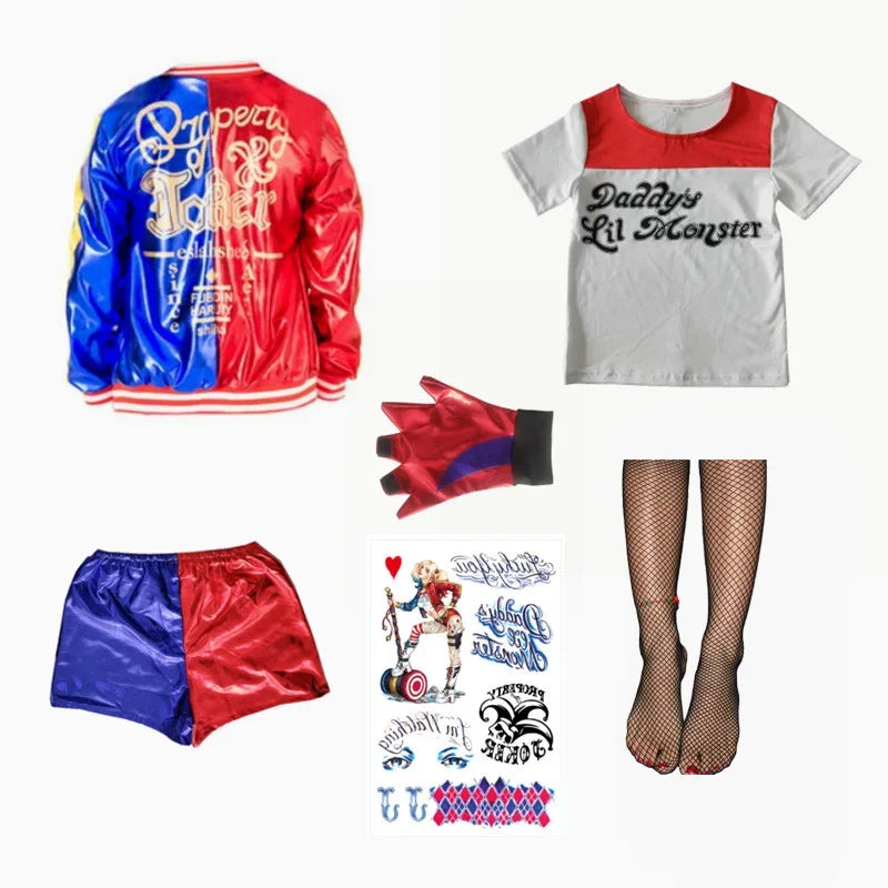 Meisjes Vrouwen Zelfmoord Harley Cosplay Kostuums Squad Quinn Monster Gestikte Jas Broek Sets Halloween Anime Kostuum Korte