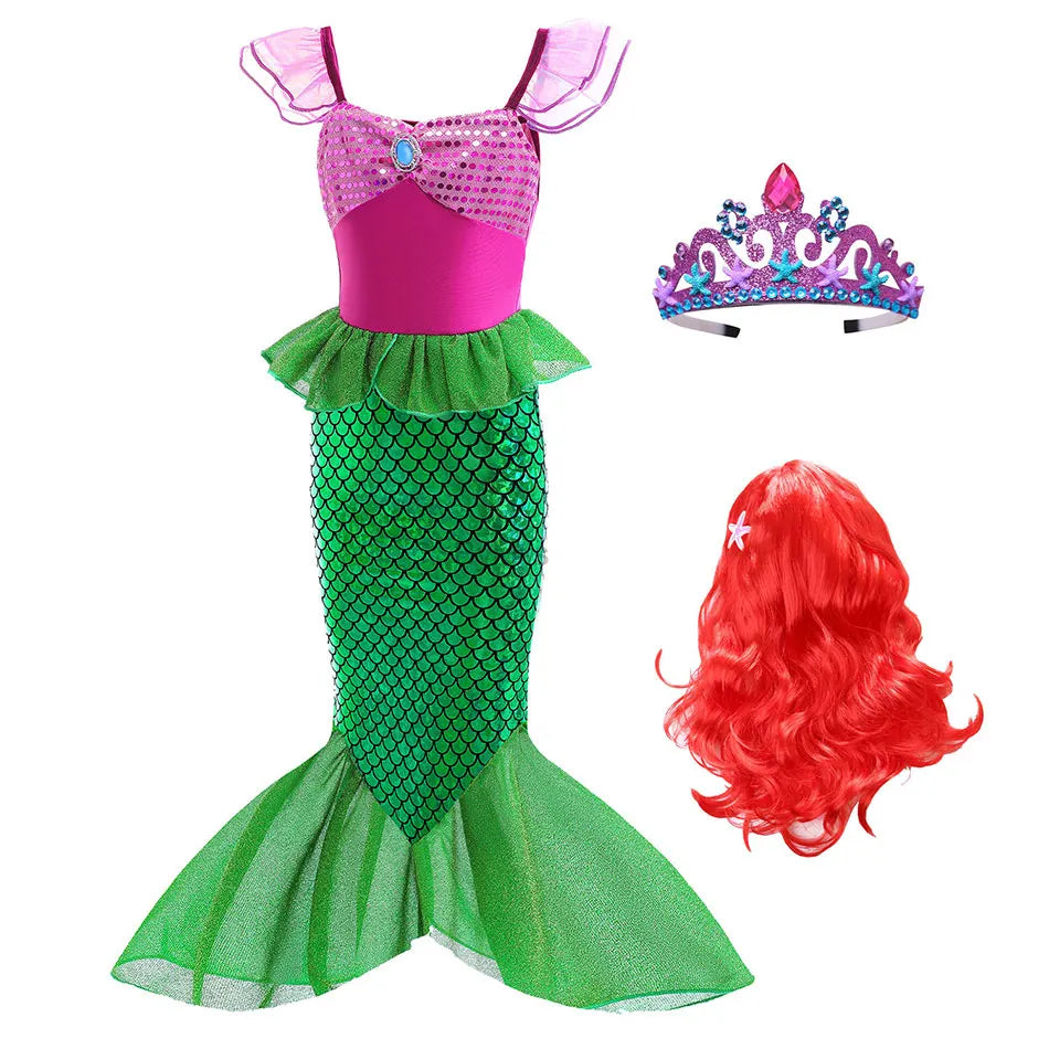 Little Mermaid Ariel Costume Princess Dress for Girls Short Sleeve Tulle Cosplay Halloween Carnival Birthday Party Clothes