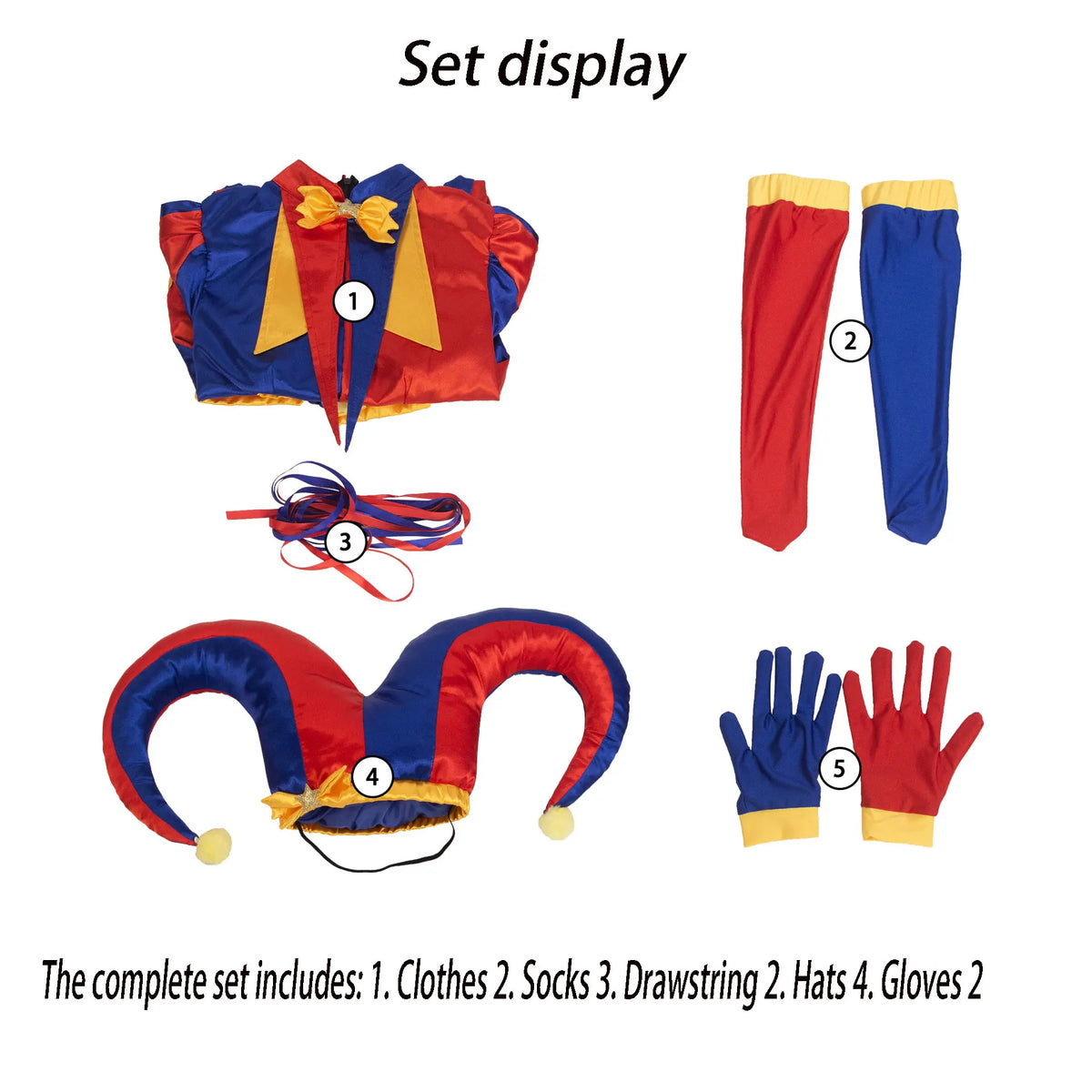 Pomni's Same Satin Red Blue Color Blocked Clown Jumpsuit with Bubble Sleeves and Ruffled Edges, Court Set for Halloween Party