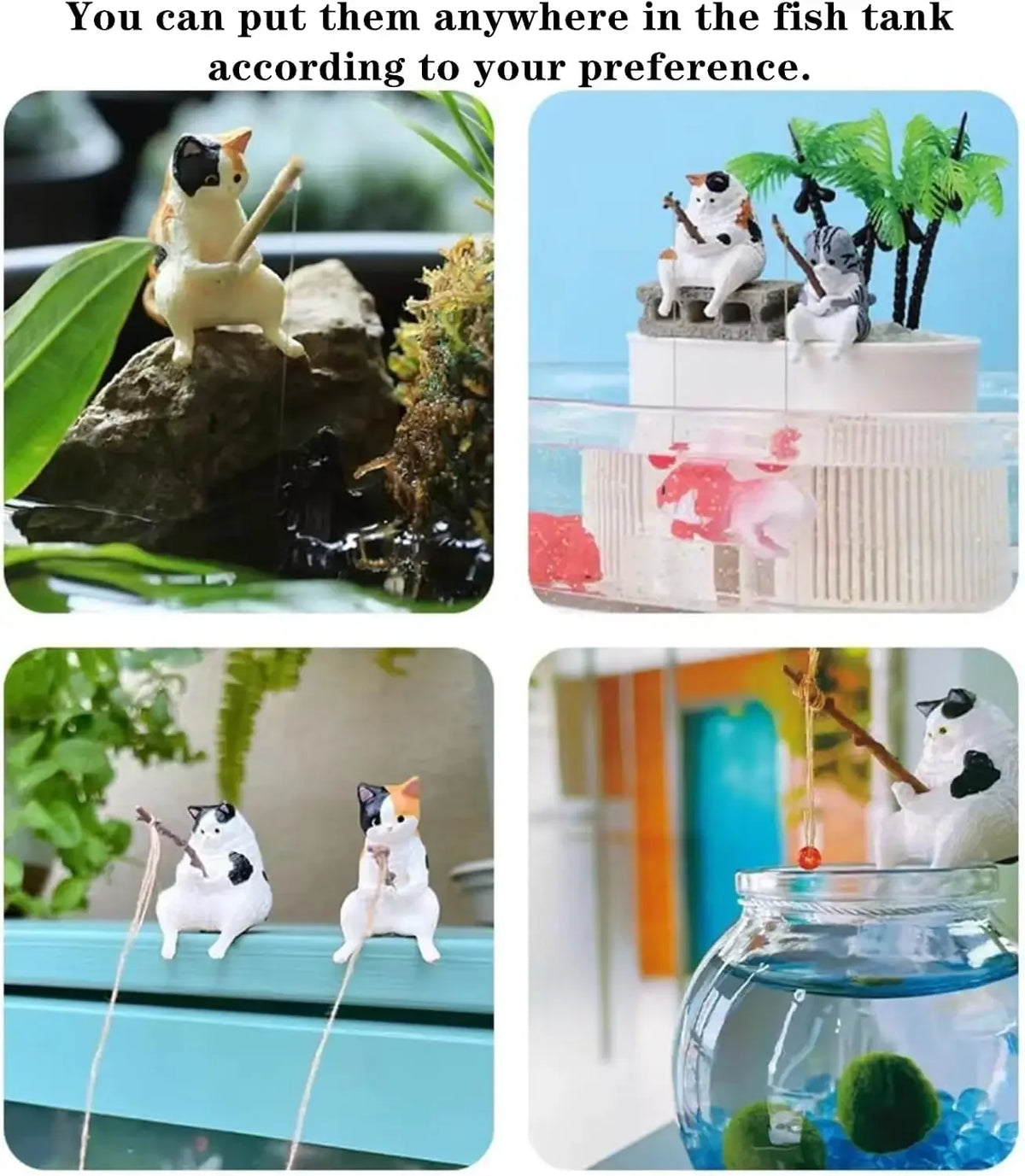10 Cat Figures PVC Mini Cat Figurines Kitten Animal Miniatures with Fishing Kit for Desk Shelf Cake Micro Landscape Decoration