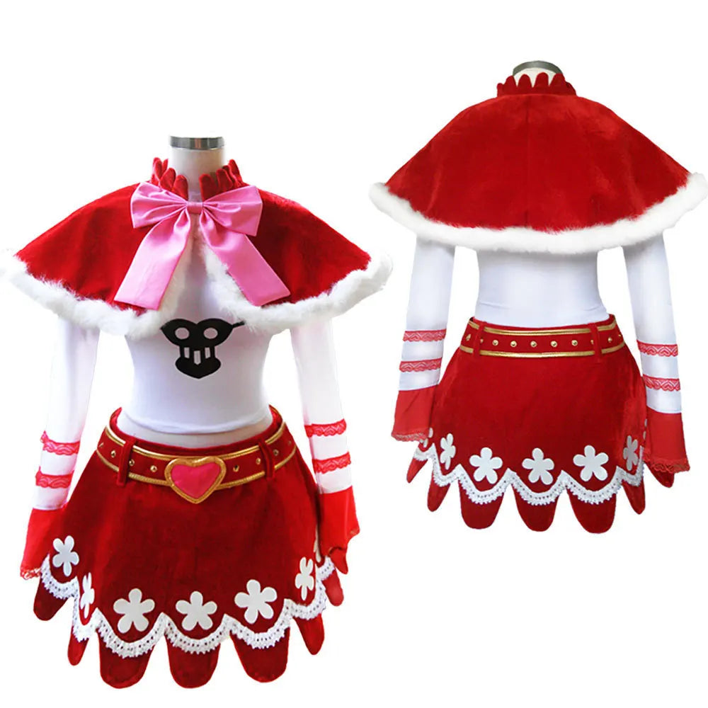 Perona Cosplay Costume-Ghost Princess Red Velvet Skirt&White Top Set with Pink Bow Cape, Perfect for Anime Conventions&Themed
