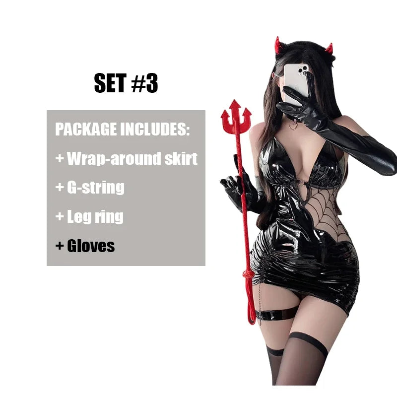 Halloween Costumes Seductive Witch Spider Women Sexy Cosplay Lingerie PU Faux Leather Bodycon Dress Tight Hip Stocking Outfit