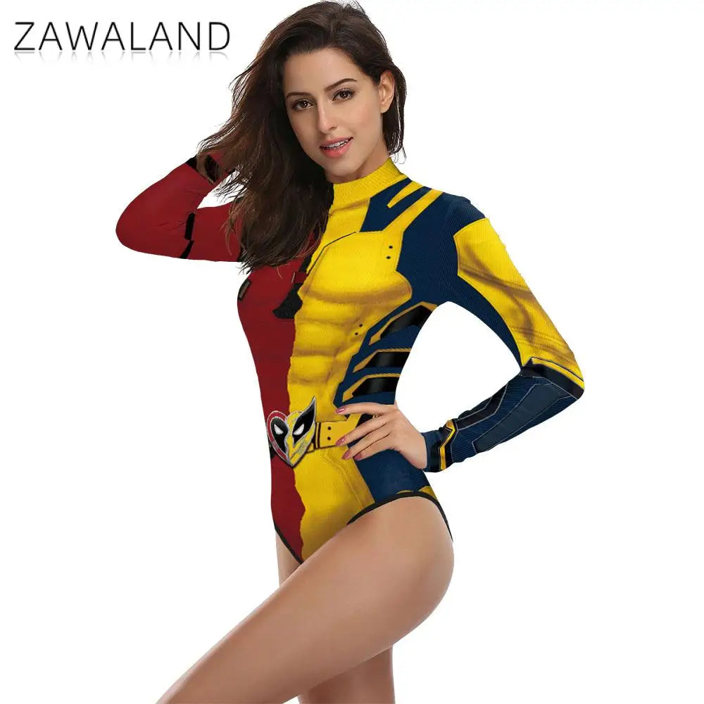 Zawaland Superhero Deadpool Wolverine 3D Print Long Sleeve Party Jumpsuit Adult Cosplay Costume Halloween Party Zentai Bodysuit
