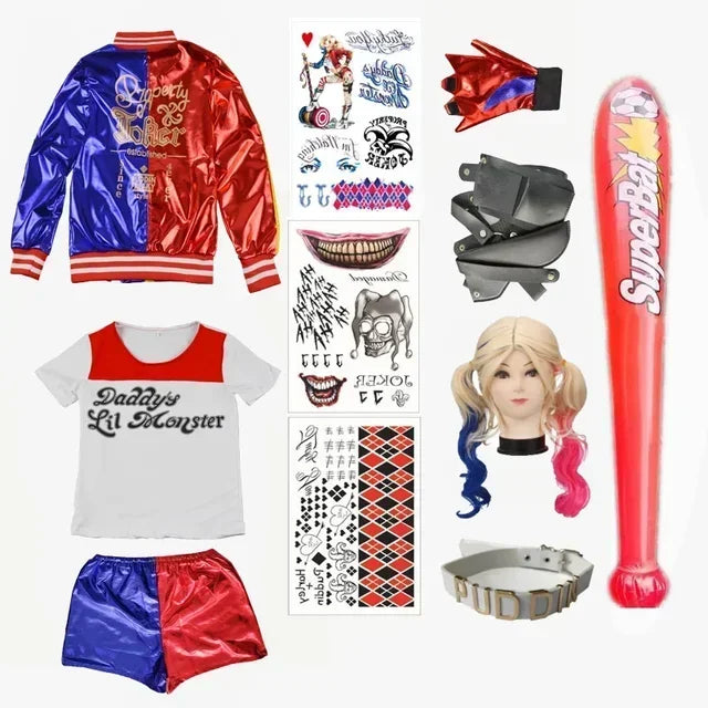 Harley Costumes Cosplay Suicide Quinzel Kids Girls Quinn Squad T Shirt Joker Jacket Halloween Costume