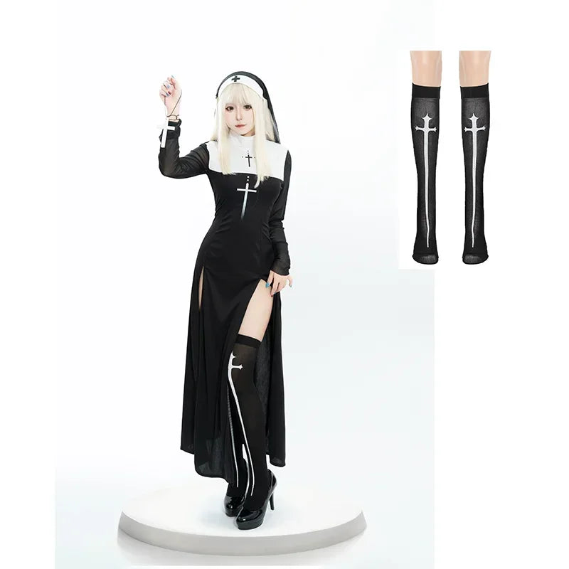 New Anime Cosplay Costume Sexy Nun Dress Women Fancy Gothic Robe Long Black Uniform Adult Party Carnival Themed Events