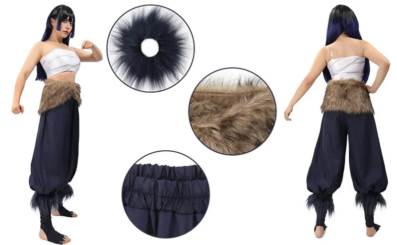 Women's Hashibira Inosuke Cosplay Costume Tops Pants Fake Fur Apron and Fake Fur Leg Accessory for Halloween