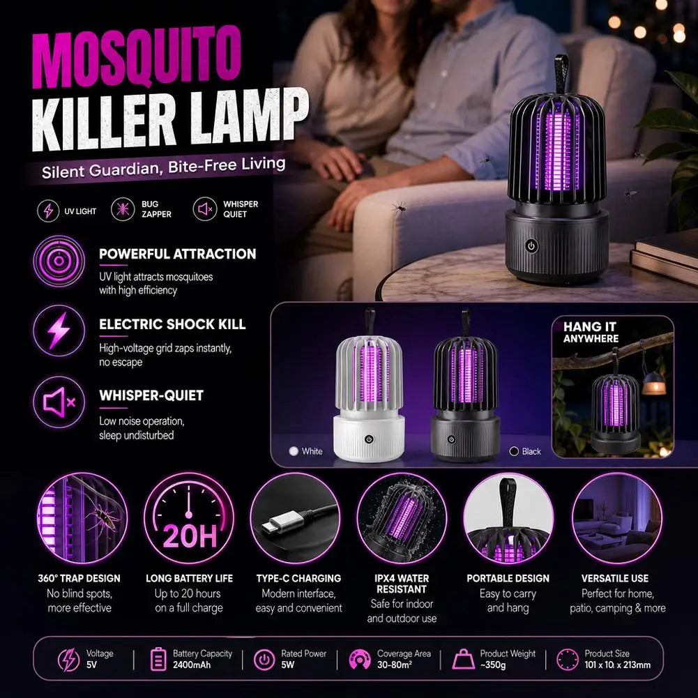 Electric Mosquito Killer Lamp Portable UV Light Bug Zapper USB Insect Fly Trap Quiet For Home Bedroom Outdoor Camping