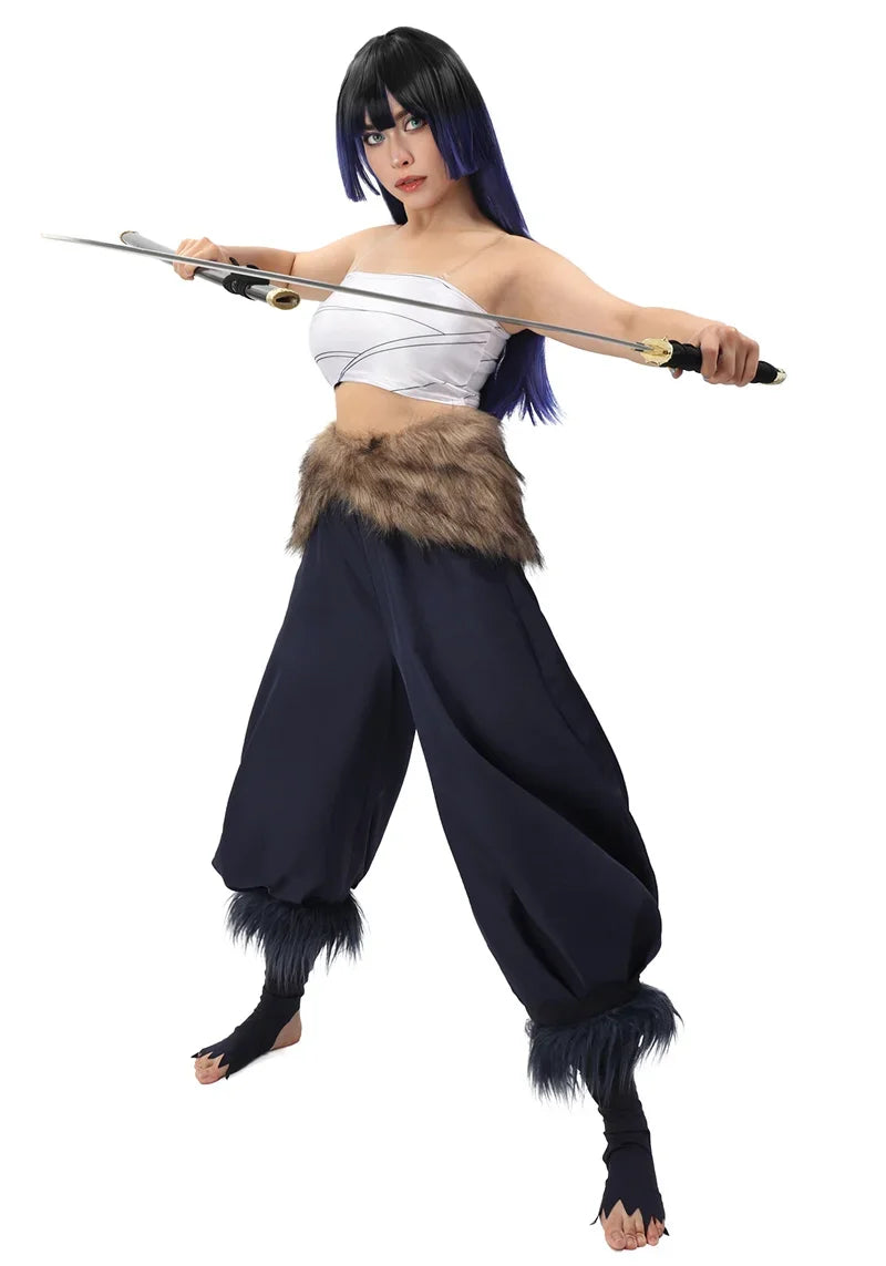 Women's Hashibira Inosuke Cosplay Costume Tops Pants Fake Fur Apron and Fake Fur Leg Accessory for Halloween