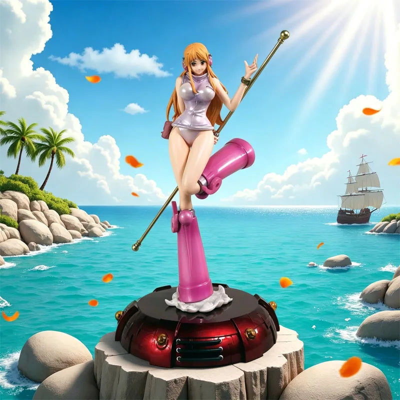 Anime One Piece Nami Egghead Version Figurine With Clima-Tact Staff Pink Boots Anime Figure Desktop Ornament Toy Collect Gifts