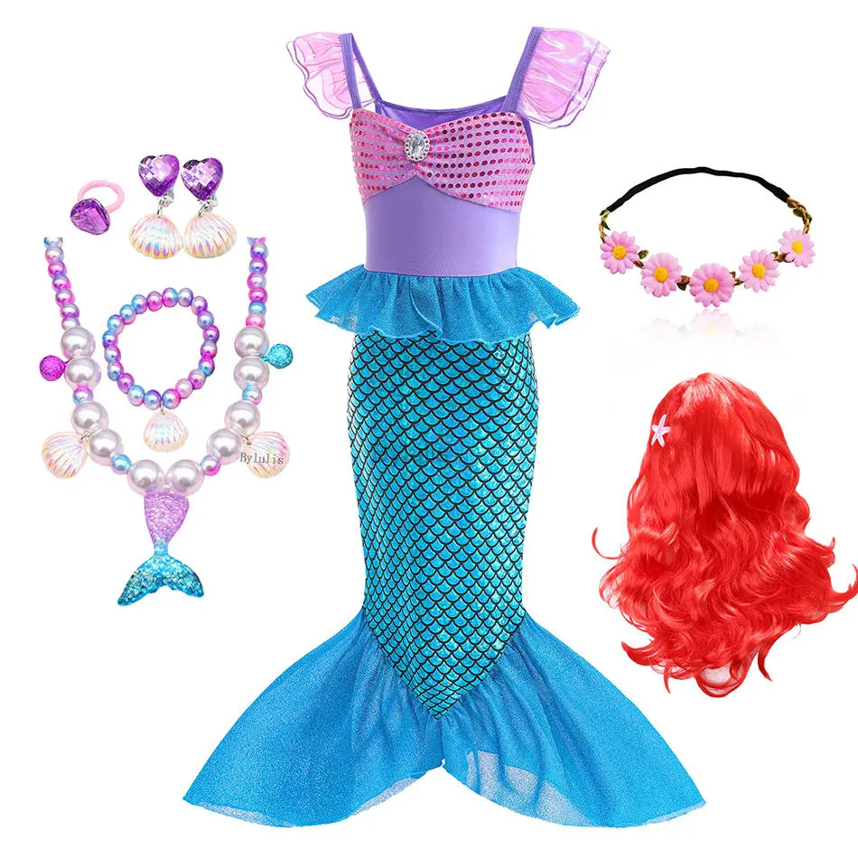 Little Mermaid Ariel Costume Princess Dress for Girls Short Sleeve Tulle Cosplay Halloween Carnival Birthday Party Clothes