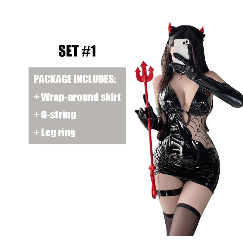 Halloween Costumes Seductive Witch Spider Women Sexy Cosplay Lingerie PU Faux Leather Bodycon Dress Tight Hip Stocking Outfit