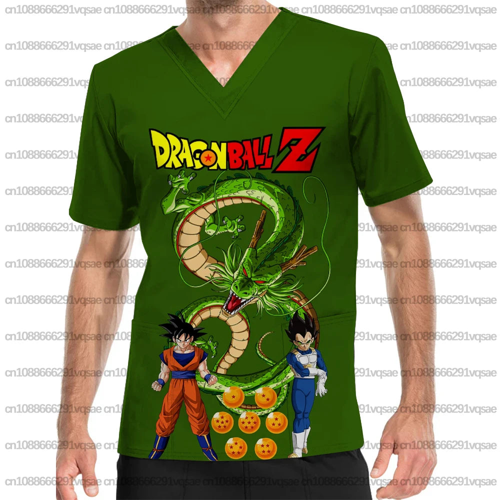 Summer Men's Surgical Gown with Dragon Ball Anime Print, V-Neck Nurse Uniform Top with Pockets, Medical Clothing