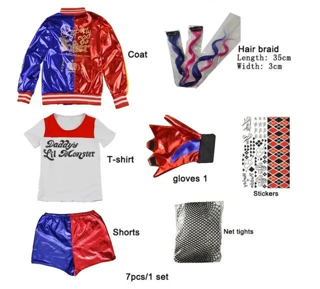 Harley Costumes Cosplay Suicide Quinzel Kids Girls Quinn Squad T Shirt Joker Jacket Halloween Costume