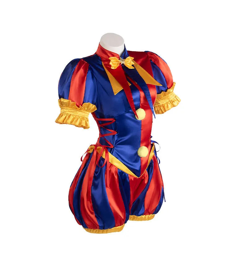 Pomni's Same Satin Red Blue Color Blocked Clown Jumpsuit with Bubble Sleeves and Ruffled Edges, Court Set for Halloween Party