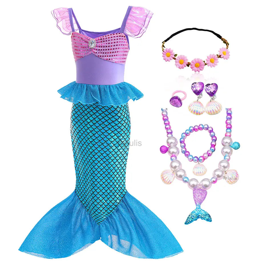 Little Mermaid Ariel Costume Princess Dress for Girls Short Sleeve Tulle Cosplay Halloween Carnival Birthday Party Clothes