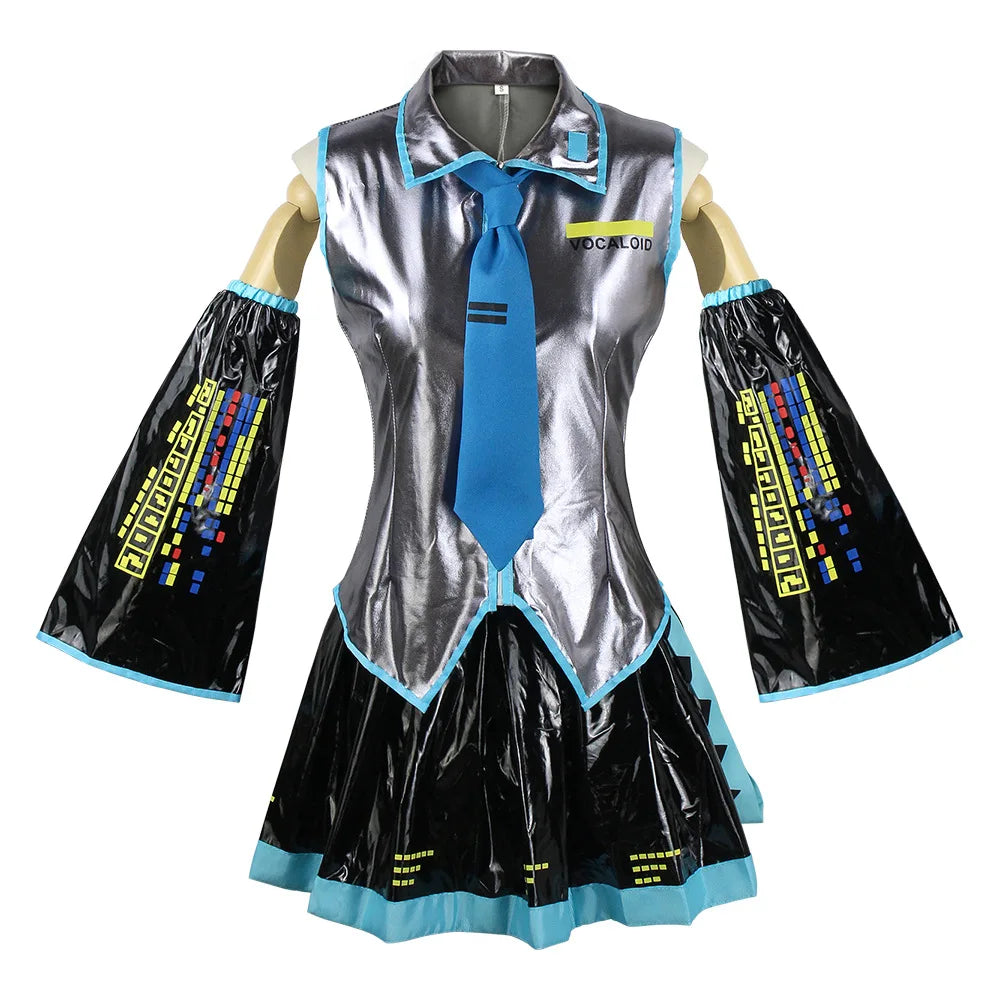 Miku VOCALOID Cosplay Costume - Silver Patent Leather Dress with Blue Tie & Black Bell Sleeves, Anime Halloween
