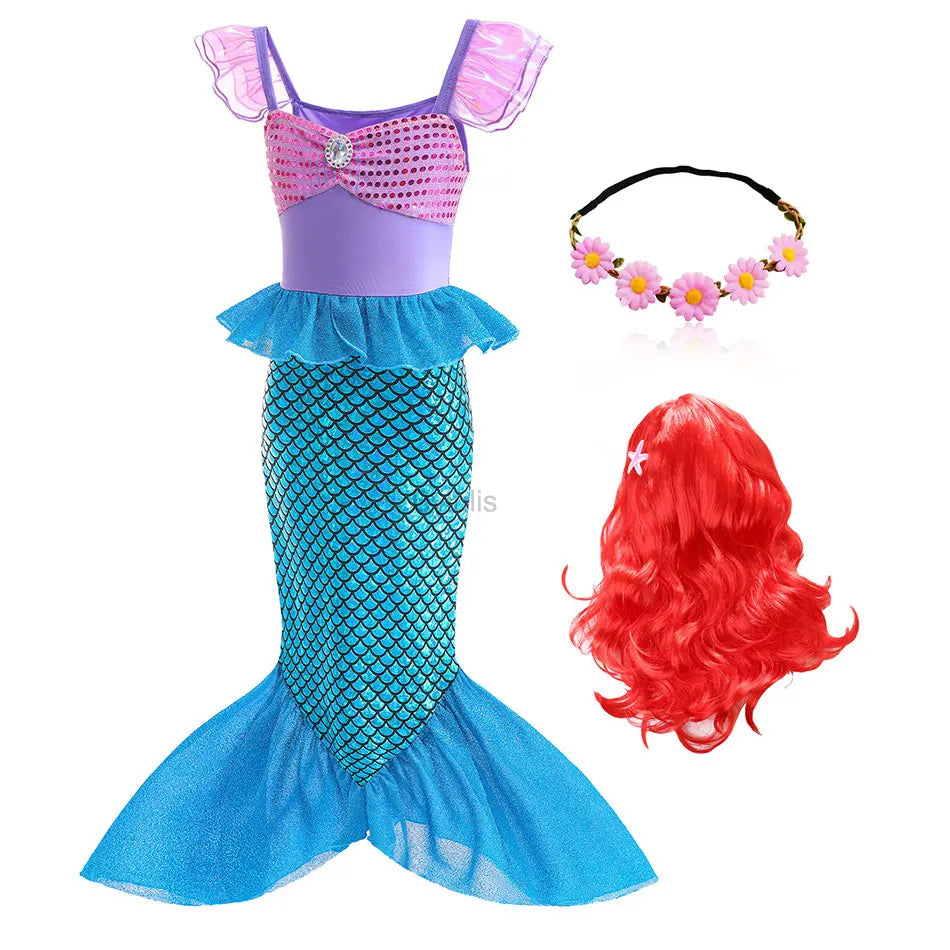Little Mermaid Ariel Costume Princess Dress for Girls Short Sleeve Tulle Cosplay Halloween Carnival Birthday Party Clothes