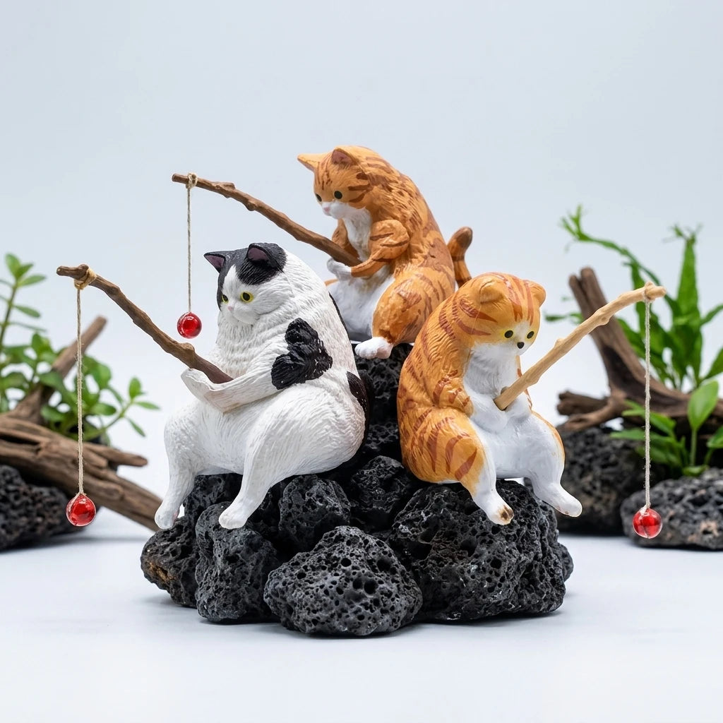 10 Cat Figures PVC Mini Cat Figurines Kitten Animal Miniatures with Fishing Kit for Desk Shelf Cake Micro Landscape Decoration