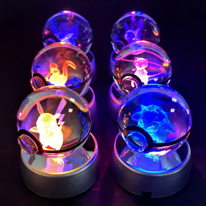 3D Pokemon Crystal Ball 5CM Mewtwo Pikachu Gengar Crystal Glass Pokemon Ball Pokeball Figure Night Light LED Lamp Base Gift