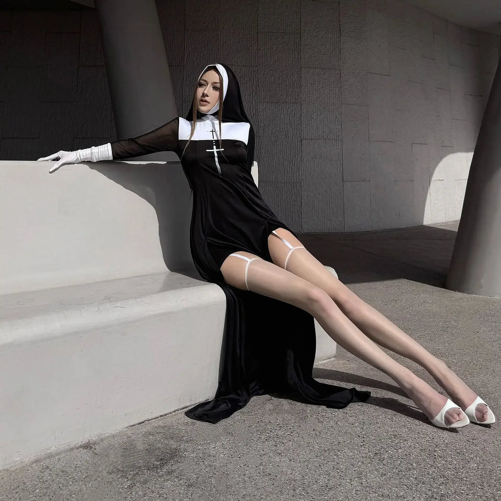 New Anime Cosplay Costume Sexy Nun Dress Women Fancy Gothic Robe Long Black Uniform Adult Party Carnival Themed Events