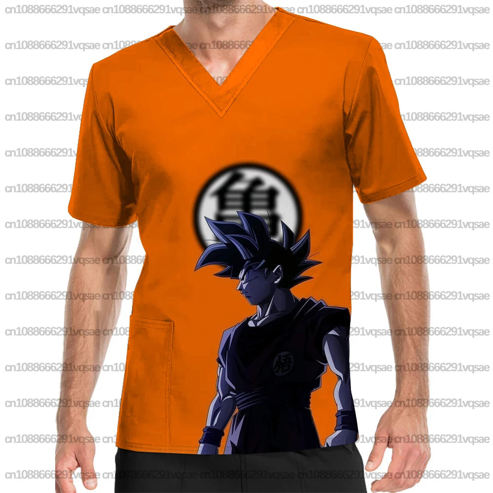Summer Men's Surgical Gown with Dragon Ball Anime Print, V-Neck Nurse Uniform Top with Pockets, Medical Clothing