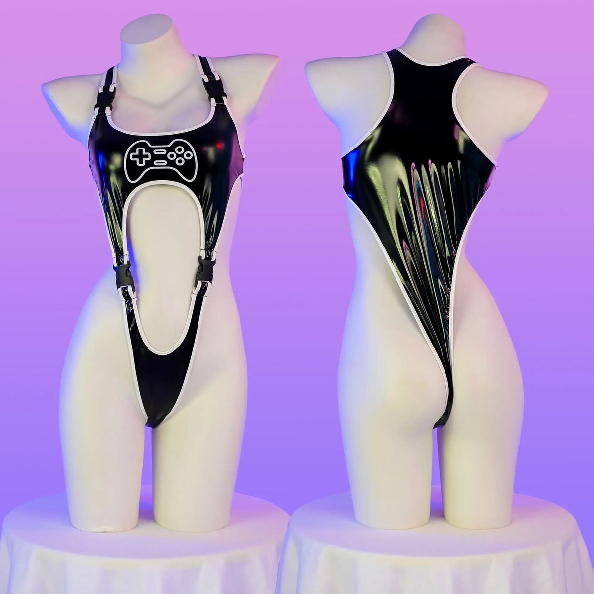 Anime Game Controller Print PU Leather Bodysuit Women Sexy Lingerie Cyberpunk Swimsuit Cosplay Buckle Pajamas Outfits Costumes