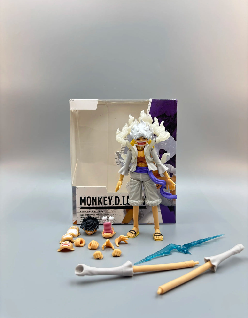 Bandai One Piece Luffy Gear 5 Nika Action Figure; Sun God White Hair Luffy with Multiple Replaceable Hands and Expressions; Boxe